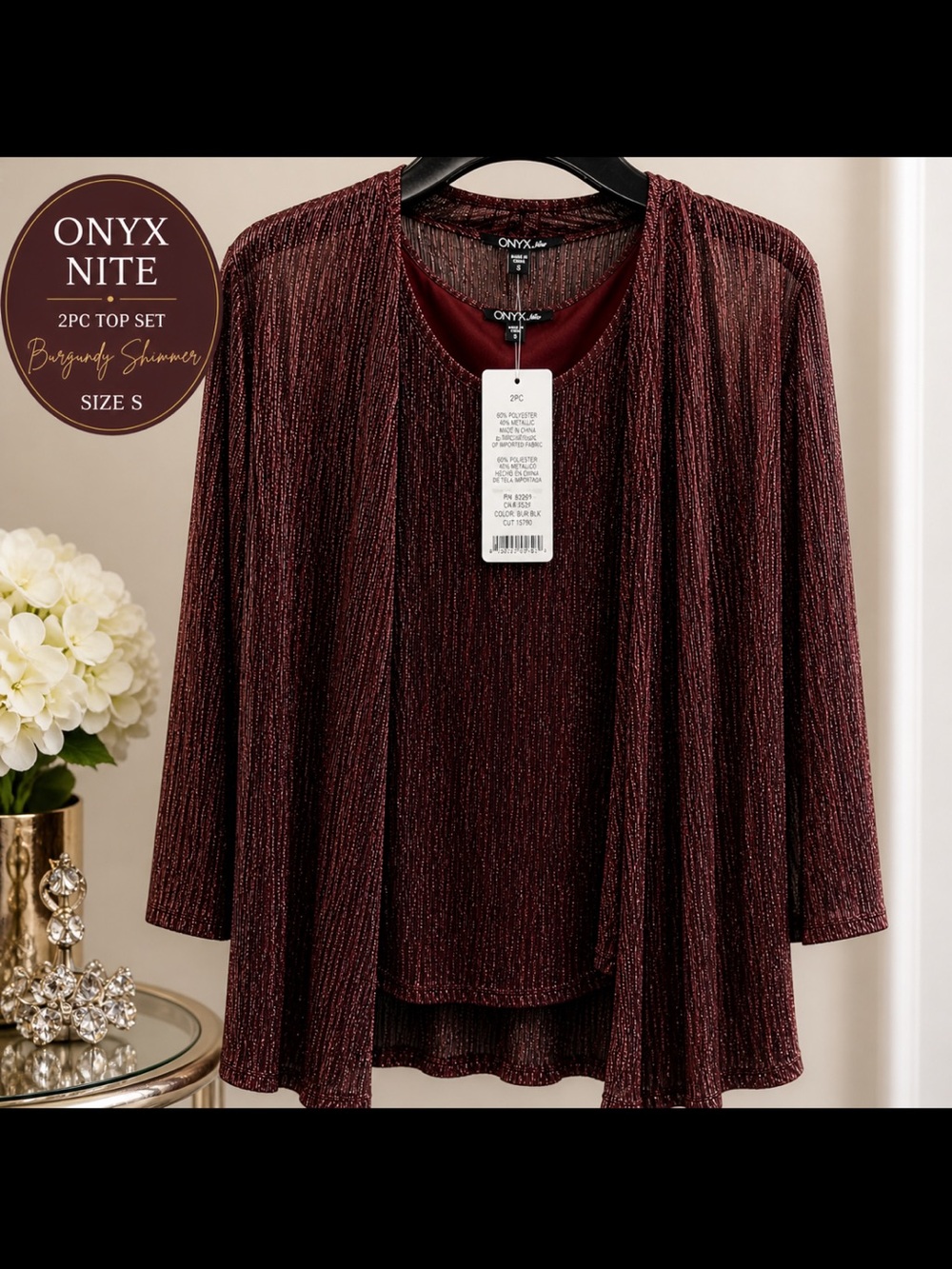 Onyx Nite Burgundy Shimmer 2Pc Top Set Metallic S NWT